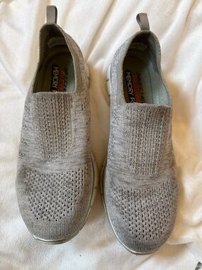 Skechers Women’s Knit Slip-On Sneakers in Light Gray